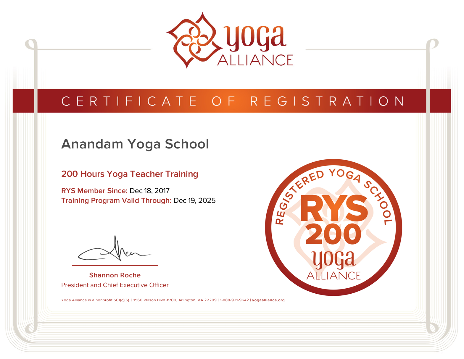 Yoga Alliance RYS 200 h certification