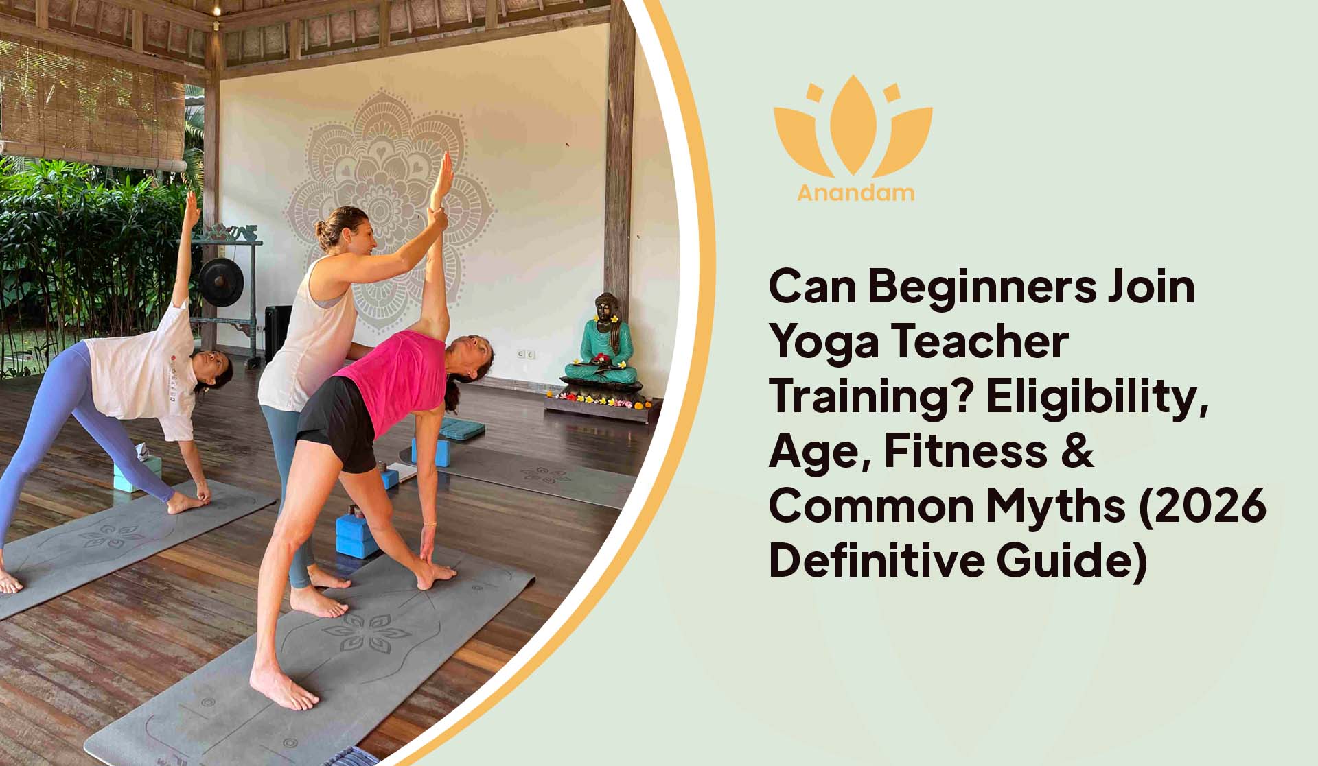 A beginner yoga student practicing foundational asanas in a supportive teacher training environment.