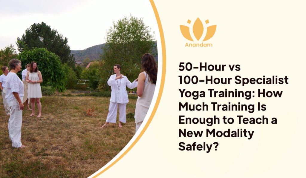 Trainee receiving supervised teaching feedback during specialist yoga teacher training at Anandam Yoga School in Germany